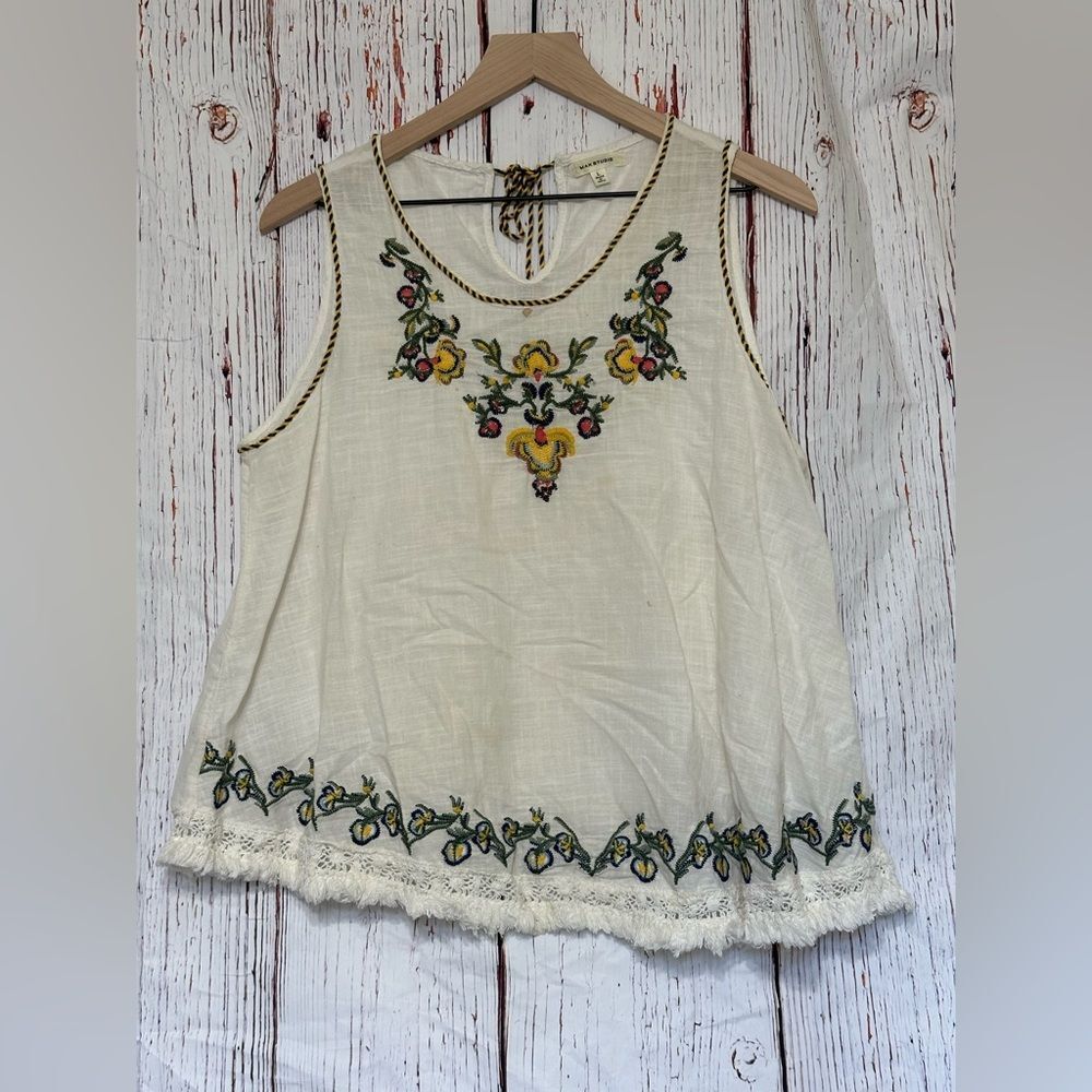 Max Studio Cream Top with Blue and Yellow Trim